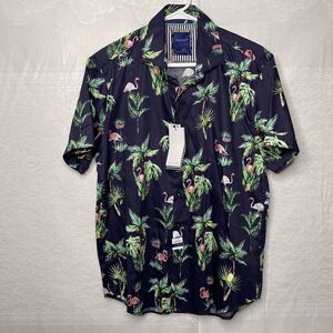 Denim Flower Men Flamingo Hawaiian Button Up Down Shirt Size Large Resort